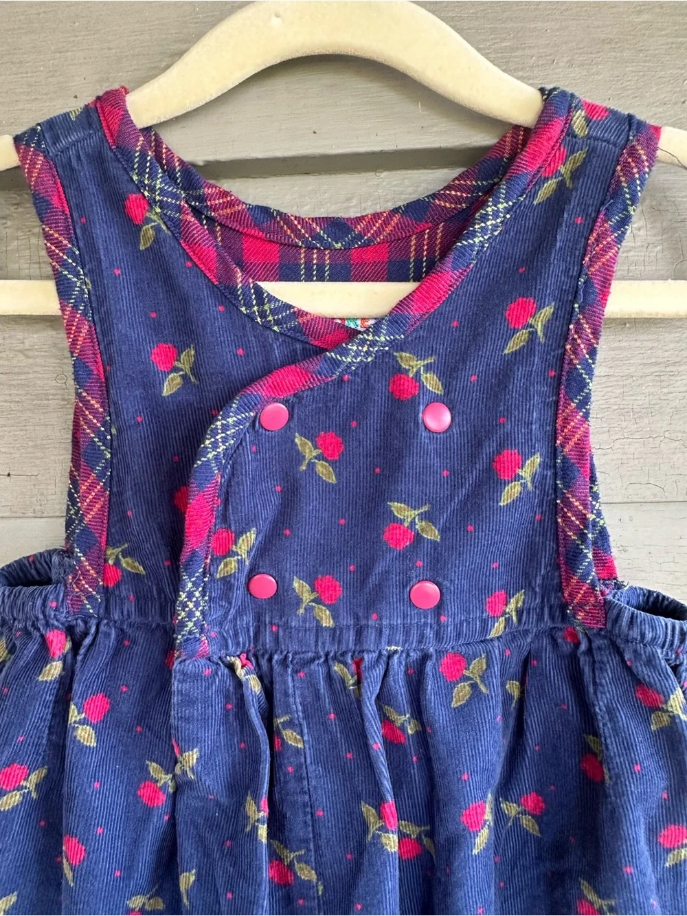Vintage Gymboree Rainbow Tag Girls Navy Red Floral Plaid Overalls Romper